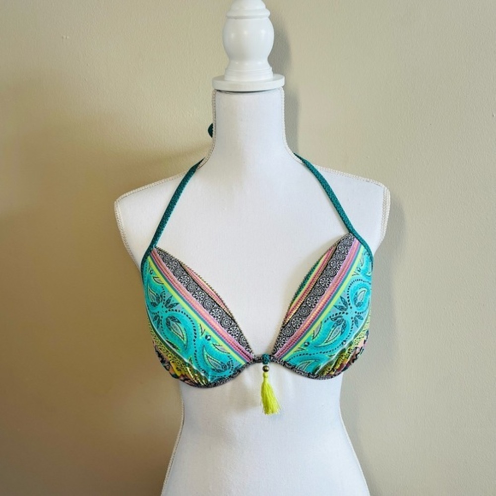 Shade & Shore Bikini Top Push up Paisley Floral Boho Print Beaded Size 34DD